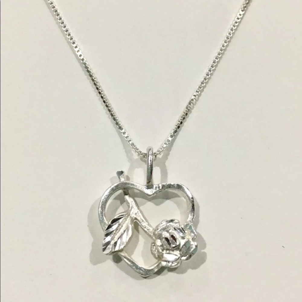 Sterling Silver Single Rose with Heart Necklace